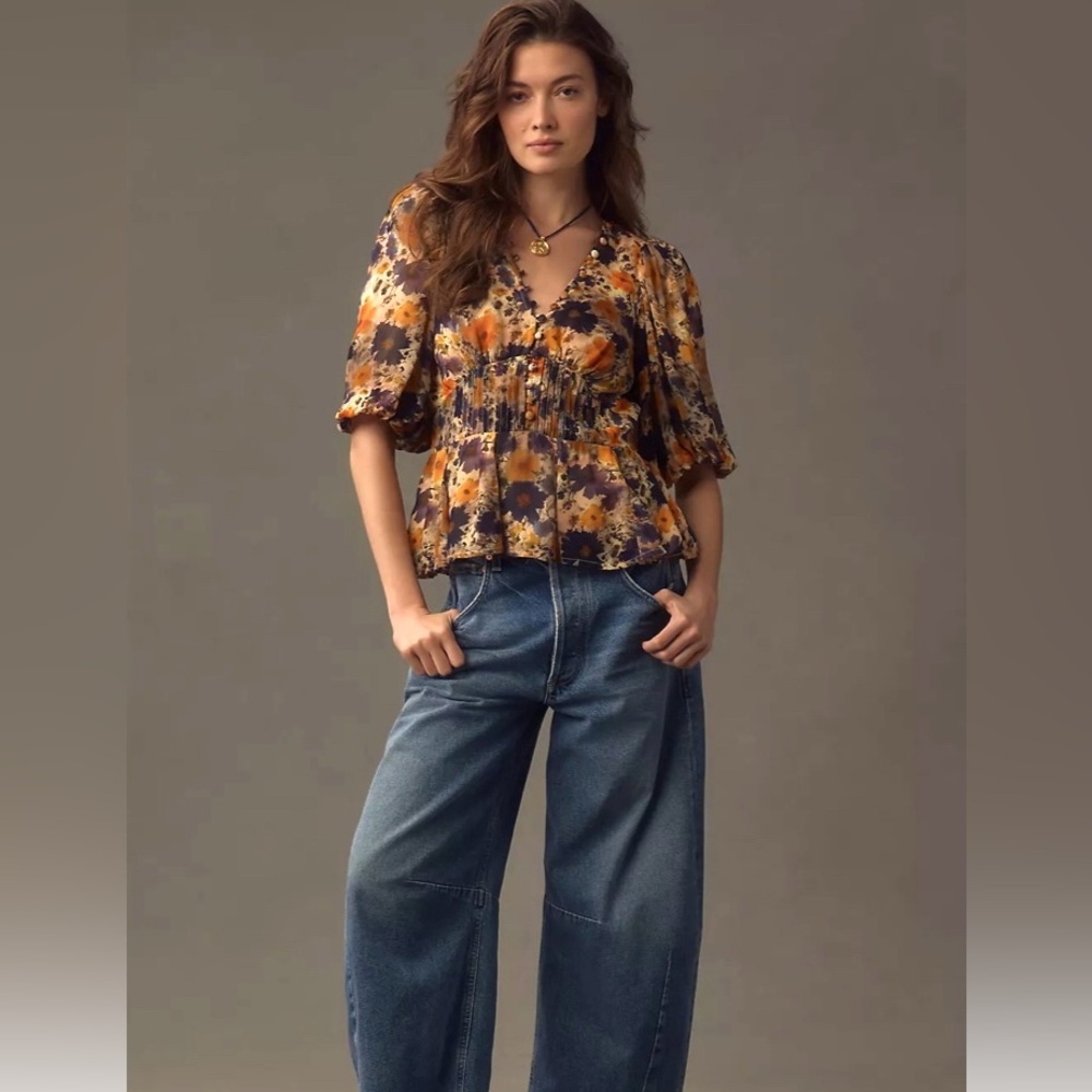 Anthropologie Floral Peplum Blouse in Mustard, Purple, Cream - Picture 3 of 8